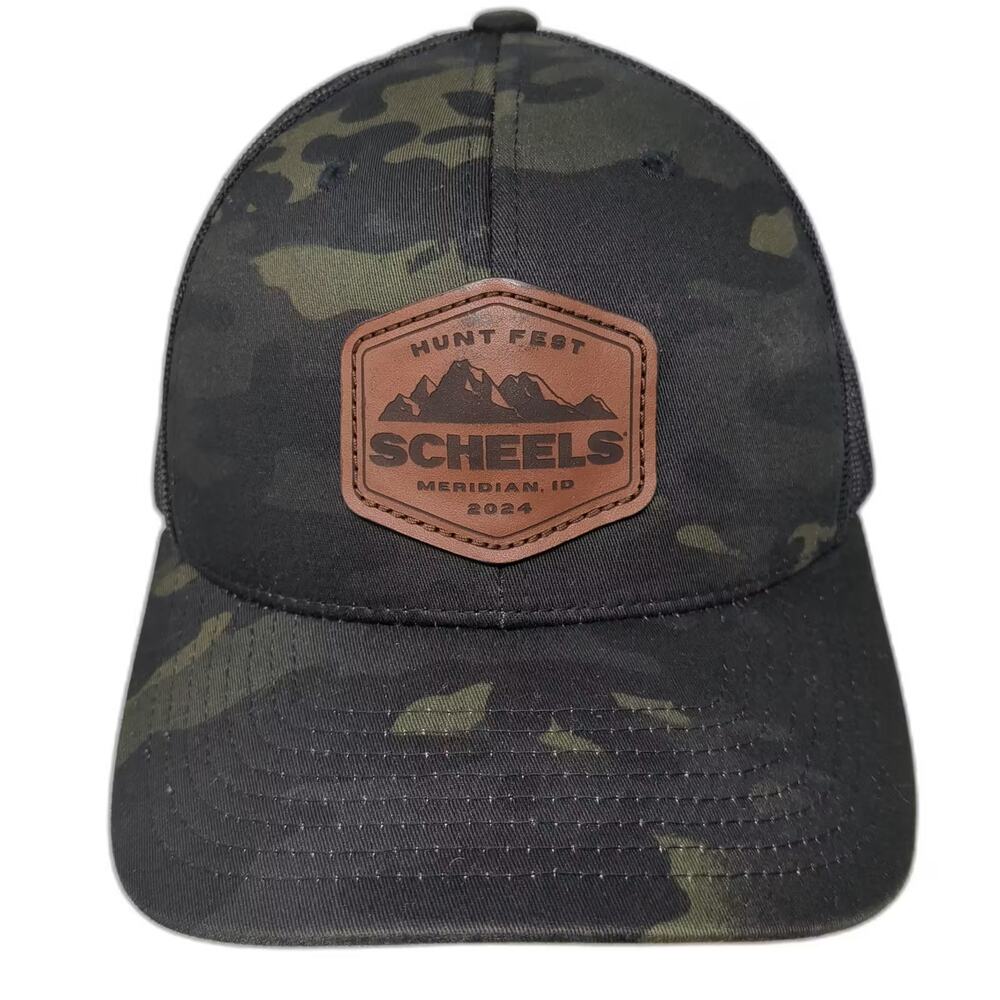 Scheels Trucker Hat Black Green One Size Mesh Camo Leather Patch Hunt Fest 2024